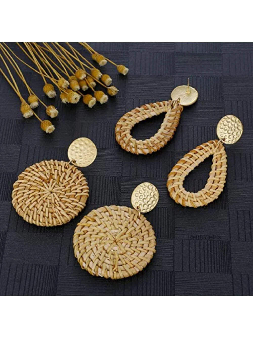 Handmade Raffia Rattan Dangle Earrings Set of 4 Boho Tropical Statement Jewelry